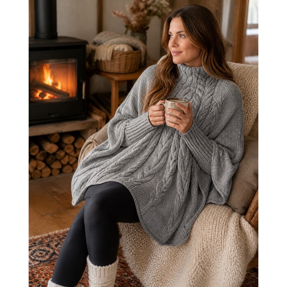 Peruvian Trading Co. Gray Cable Knit Poncho Sweater Turtleneck‎ Cozy Boho Cape